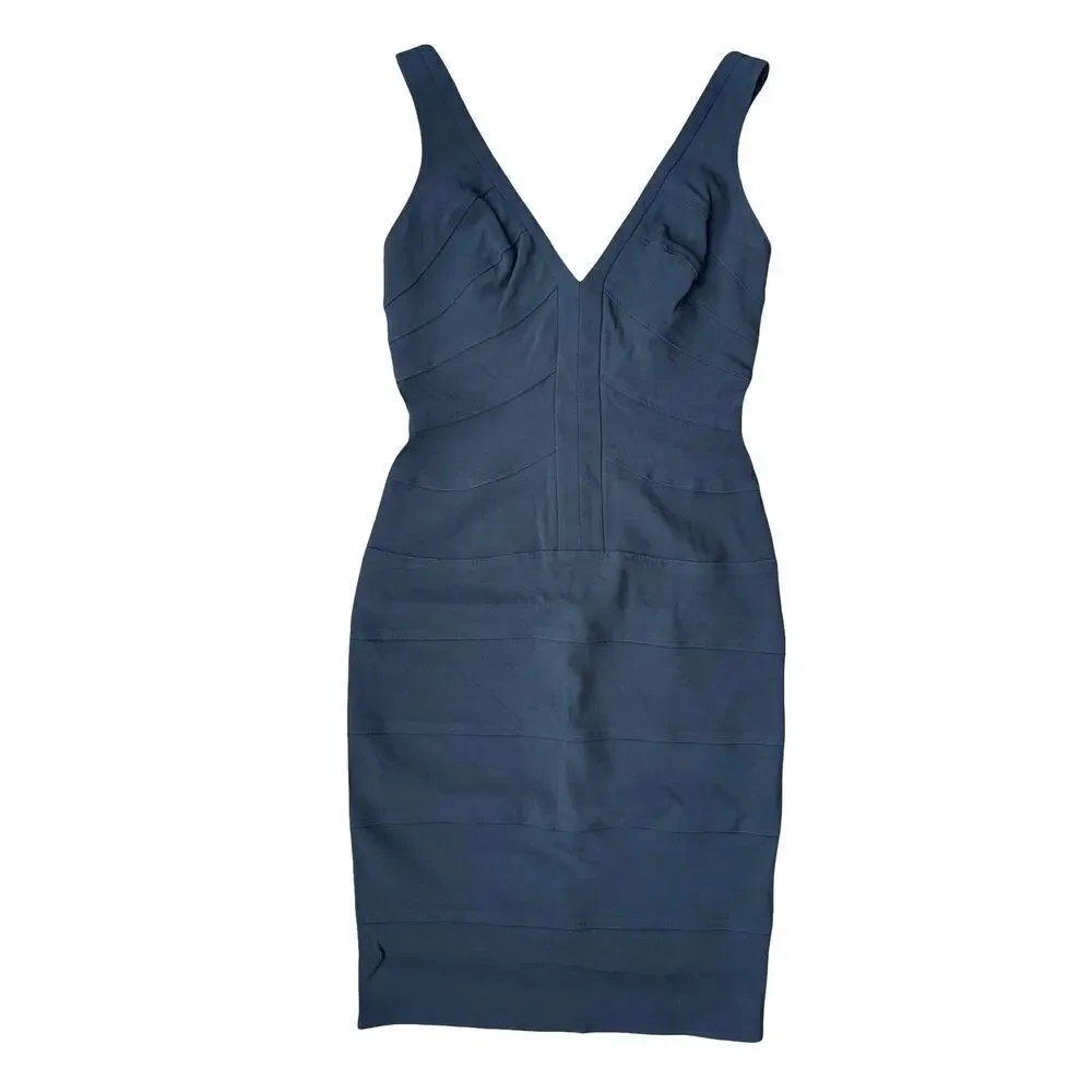 Bianca Nero Black Bandage Bodycon V Neck Stretch Slimming Dress - Small est. - Picture 2 of 12